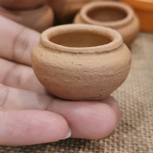 May include: A small, terracotta-colored clay pot with a rounded shape and a slightly flared rim. The pot is sitting on a person's hand.