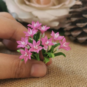Könnte beinhalten: Ein kleiner Strauß rosa Blüten mit weißen Zentren. Die Blüten sind aus Polymer Clay gefertigt und haben ein realistisches Aussehen.