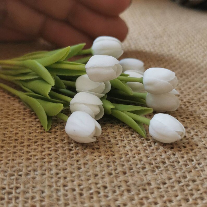 Mini Tulip Bunch of Flowers, Miniature White Color Flower, Mini Flower Arrangement,Handmade Clay Flower Bouquets image 7