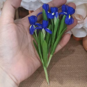 1/2/3 Miniaturowe kwiaty irysa do domku dla lalek, Miniaturowy ciemnofioletowy kwiat róży, Ciemnofioletowa kompozycja kwiatowa, Ręcznie robiony gliniany bukiet kwiatów na prezent