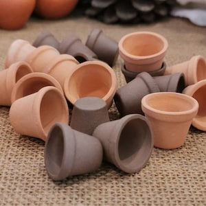 Puede incluir: Una colección de pequeñas macetas de terracota en varios tamaños y formas. Las macetas están dispuestas en un patrón aleatorio sobre una superficie de arpillera.