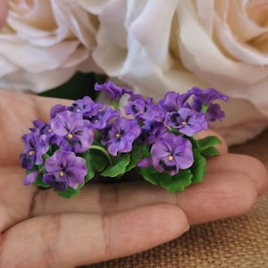 Miniature Dollhouse Purple Pansy Flower Bunch: Handmade Clay Bouquet