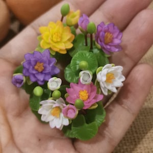 Miniature Dollhouse Water Lily Flower Arrangement,Handmade Clay Lotus Bouquet