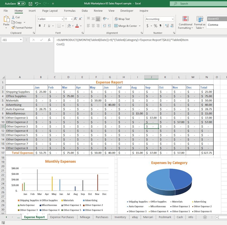 Poshmark eBay Mercari Facebook Google Sheets Credit Card Expenses Purchases Monthly Sales Spreadsheet Excel 65-B