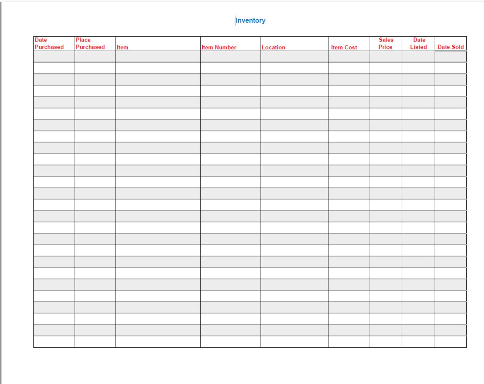 Ebay Basic Inventory PDF Printable Spreadsheet Template For Etsy