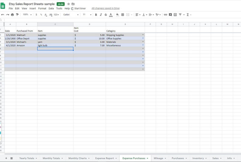 Etsy Sales Excel Spreadsheet Google Sheets Report Expense and | Etsy