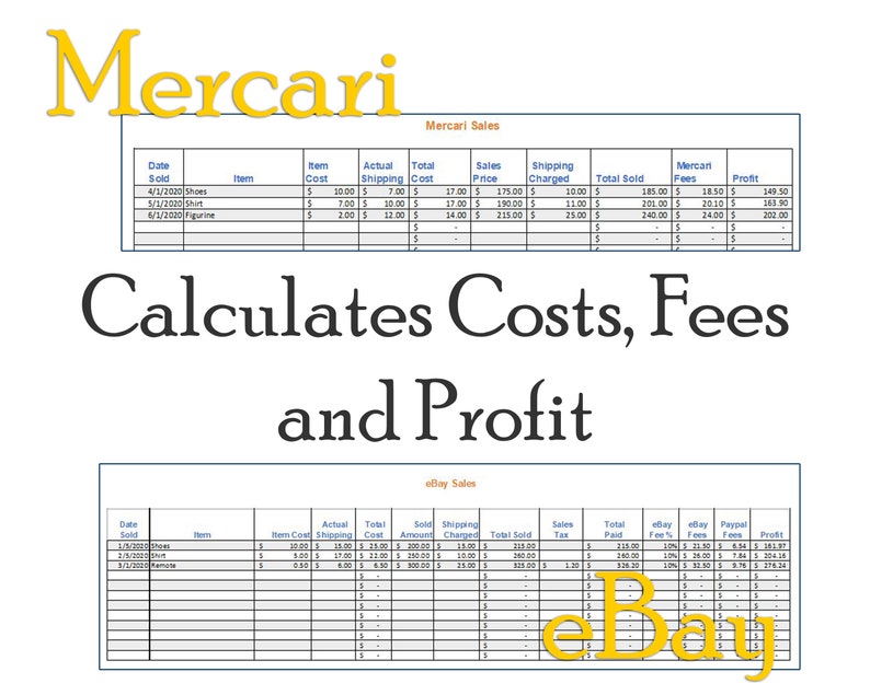 Poshmark eBay Mercari Facebook Google Sheets Credit Card Expenses Purchases Monthly Sales Spreadsheet Excel 65-B