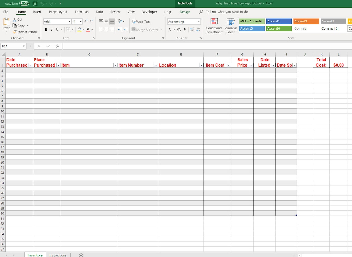 Ebay Basic Inventory PDF Printable Spreadsheet Template for | Etsy