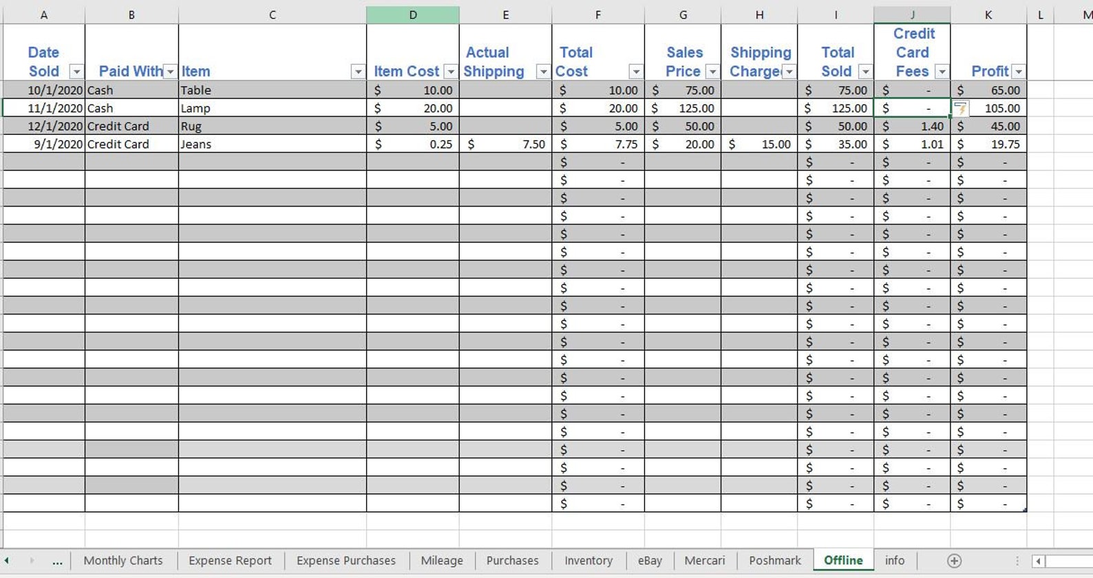 Poshmark eBay Mercari Facebook Google Sheets Credit Card