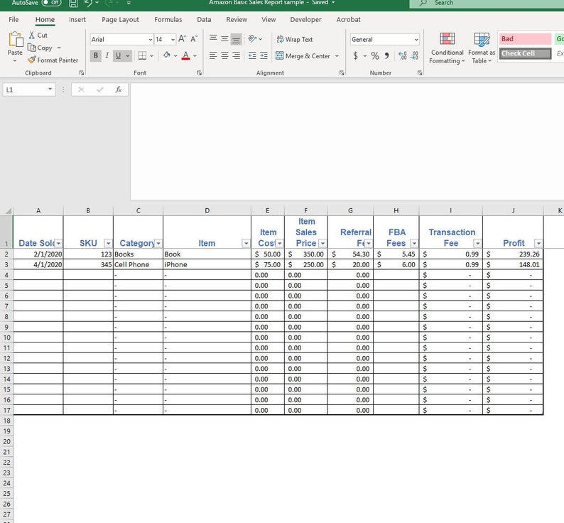 Amazon FBA and MF Sales Spreadsheet Excel Google Sheets Spreadsheet