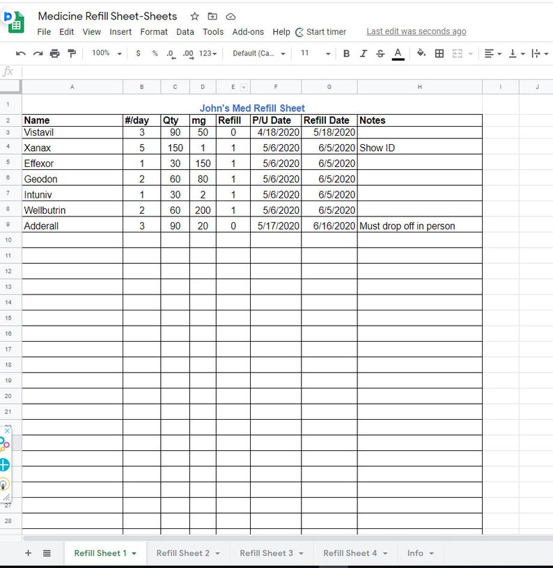 Medicine Refill Sheet Medicine Tracker Planner Refill Date | Etsy