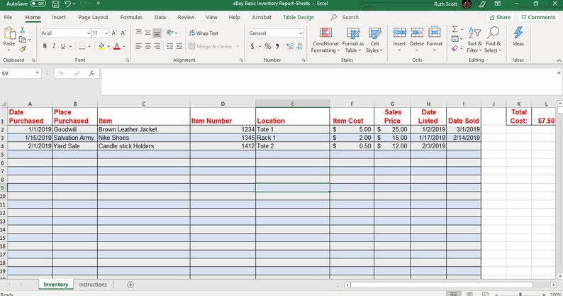 EBay Basic Inventory PDF Printable Spreadsheet Template for | Etsy