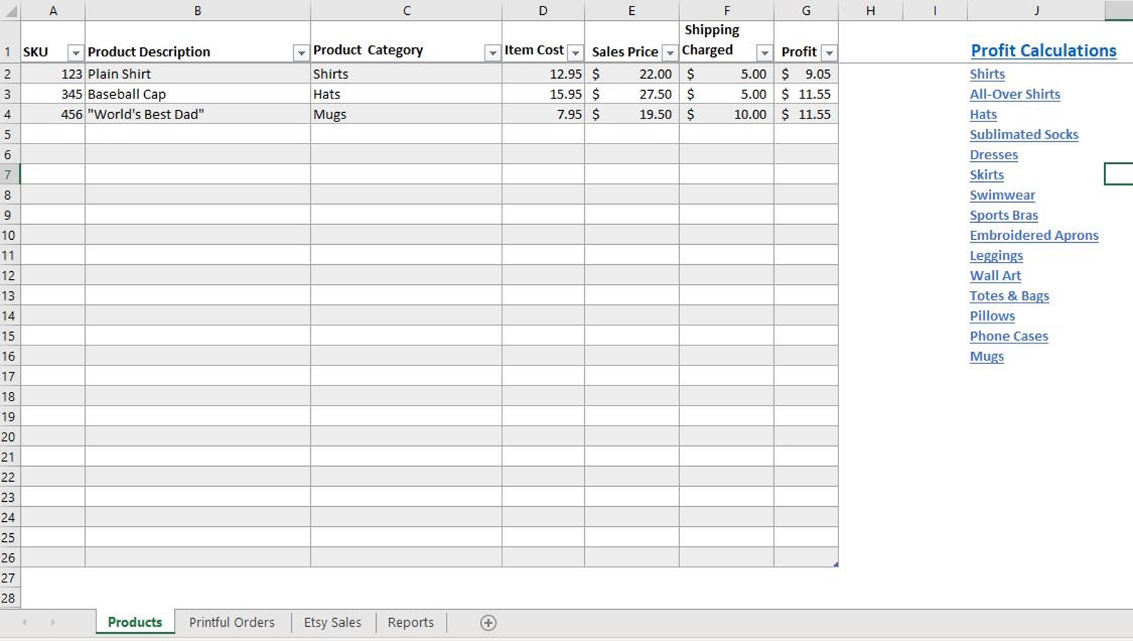 Etsy Printful POD Sales Spreadsheet Print on Demand Expenses Etsy