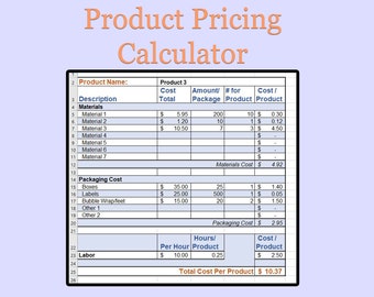 Calculadora de costos de productos de Etsy, costos de mano de obra de Hojas de cálculo de Google, hoja de cálculo de costos de materiales con Excel 21
