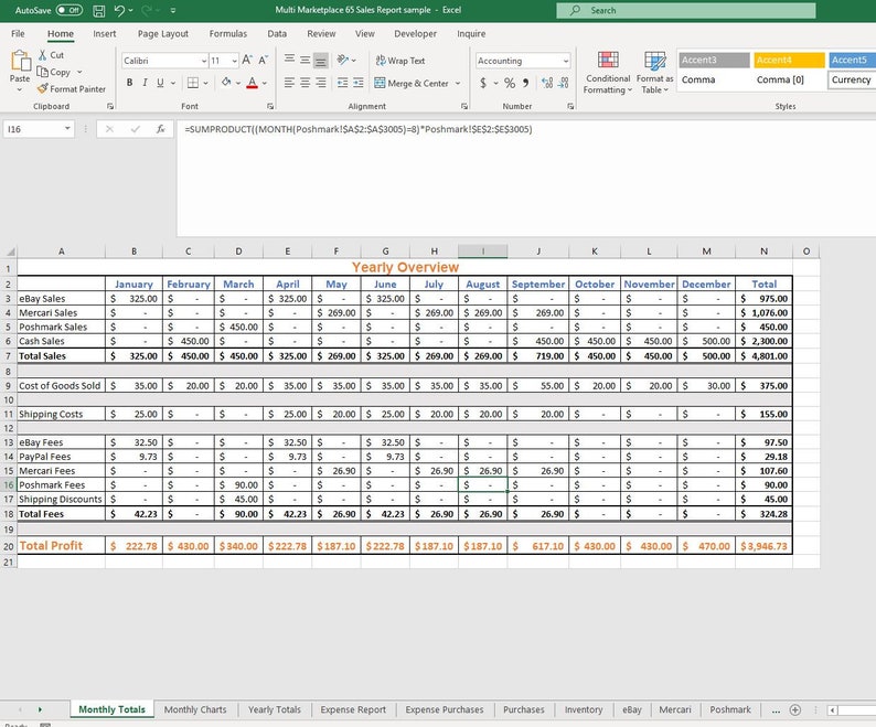 Poshmark eBay Mercari Facebook Google Sheets Credit Card Expenses Purchases Monthly Sales Spreadsheet Excel 65-B