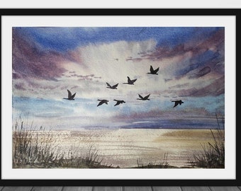 Nature landscape geese flying over water & colorful sky original painting, Vintage coastal artwork, Ducks flying over marsh seascape scene