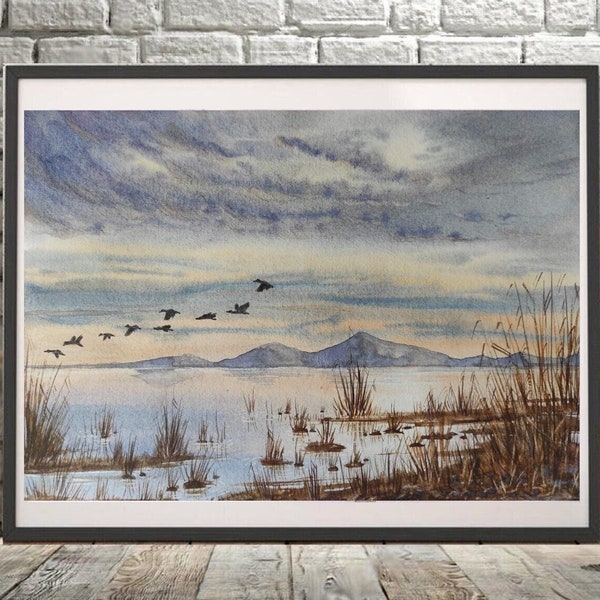 PAYSAGE OIES VOLANT aquarelle peinture originale Canards volants sur paysage marin avec ciel nuageux Pays décor à la maison Petit art moderne Kalkaska Mi