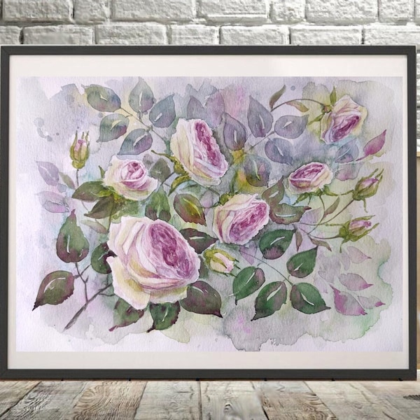 Vintage Shabby Shik Style Pink Rose Hand Painted Original Watercolor Small arts Painting, Beautiful Floral, Flowers French Country Wall Art