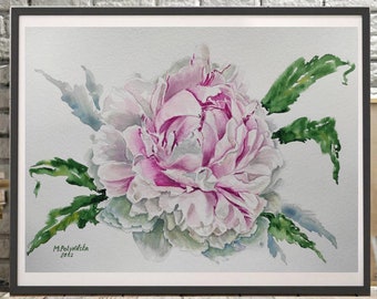 Pink Peonie Original Watercolor Small Art Painting, Pink floral, Pink flower artwork Vintage Shabby Style wall art decor handmade Women gift