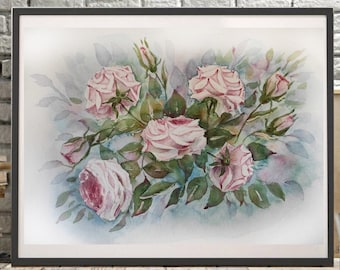 FLORAL ORIGINAL WATERCOLOR Small Art Painting Pink Roses, French country wall art, Vintage floral artwork gift Victorian decorative Interior