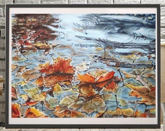 AUTUMN LEAVES ORIGINAL Art Painting, Maple leaf wall art, Realistic water reflection, Rippling water artwork, Water landscape autumn colors