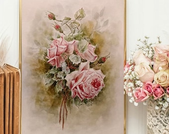 Floral Original Watercolor Painting Pink Roses, Antique Arts Vintage Flower Artwork Decorative Victorian Interior Contemporary Cottage Decor