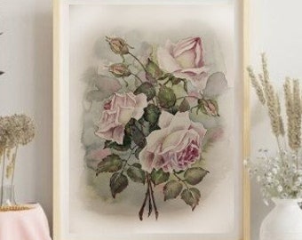 Floral Original Arts Painting, Blush Burgundy Rose Artwork, Pink Rose Shabby Chic Style, Vintage Pink flower watercolor art, Victorian Decor