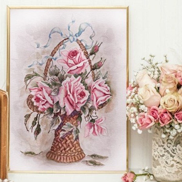 ROMANTIC SHABBY CHIK pink roses in a basket original watercolor small art painting, Unframed vintage Victorian style French country wall art