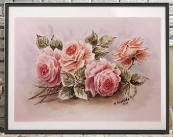 ROSES ORIGINAL PAINTING Watercolor Artwork Bright Pink Red Garden Floral Art Decorative Vintage Interior antique flower Victorian home decor