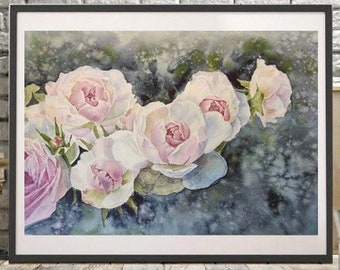 ROSE ORIGINAL PAINTING Watercolor Art, Shabby Chic arts Vintage beautiful purple flower art Pink decorative Victorian interior, English rose