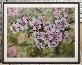 CHERRY BLOSSOMS ORIGINAL Watercolor Arts Painting, Pink Flowers, Floral Original Artwork Painting Gift for Women, Contemporary Cottage Decor