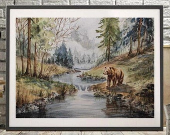 BLACK BEAR In The FOREST Watercolor Original Arts Painting Gift, Interior Gift, Celebration Gift, Cabin decor for wall, Art Gifts for Mom,