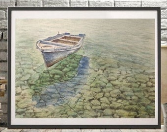 STONES, CLEAR WATER original painting Seascape watercolor small art Landscape rowboat alone at sea Realistic beach pebbles aquarelle artwork