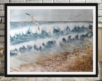 Ocean Waves & Seagulls on a Summer Beach Hand-Painted Original Art Contemporary Nautical Beach House Wall Decor Gift Coastal Cottage artwork