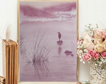 LANDSCAPE PINK LAKE with heron original watercolor small painting Coastal wall art Calming Bedroom Art, Modern coastal art Beach house decor