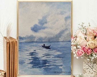 LONELY FISHERMAN in BOAT on the sea original watercolor small painting, Landscape serenity in foggy day Modern coastal art Beach house decor