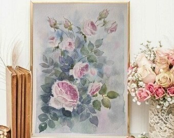 PINK ROSE ORIGINAL Watercolor Painting Art, Floral Antique Painting, Vintage Beautiful Purple Flower Art, Pink Decorative Victorian Interior