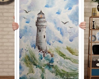 Lighthouse & Seascape Original Arts Painting Large Stormy ocean and Sea cloudscape, Wave Bay Nautical Artwork Calming Beach House Wall Decor