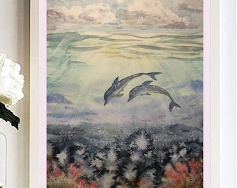 Dolphins Underwater Original Arts Painting, Seabed & Corals Artwork, Seascape Underwater world and Diving Marine Life Cottage Wall Art Decor