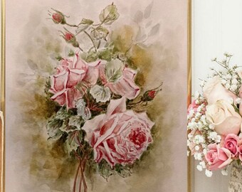 FLORAL ORIGINAL ART Painting Pink Roses Antique Painting Vintage Floral Painting Vintage Pink Rose Paintings Decorative Victorian Interior