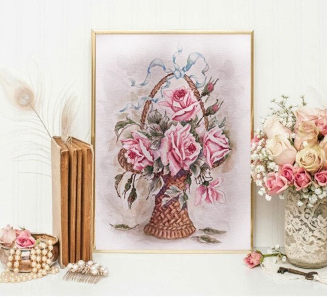 ROMANTIC SHABBY CHIK Pink Roses in a Basket Original Watercolor Art ...