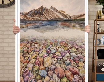 LANDSCAPE COLORED STONES Lake original painting, McDonald Valley Glacier National Park, Colorful Rocky Mountains, Stone pebble, Rainbow rock