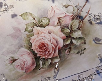 ROSE ORIGINAL PAINTING Watercolor Art, Pink Floral Antique Painting, Vintage Beautiful Purple Flower Art, Pink Decorative Victorian Interior