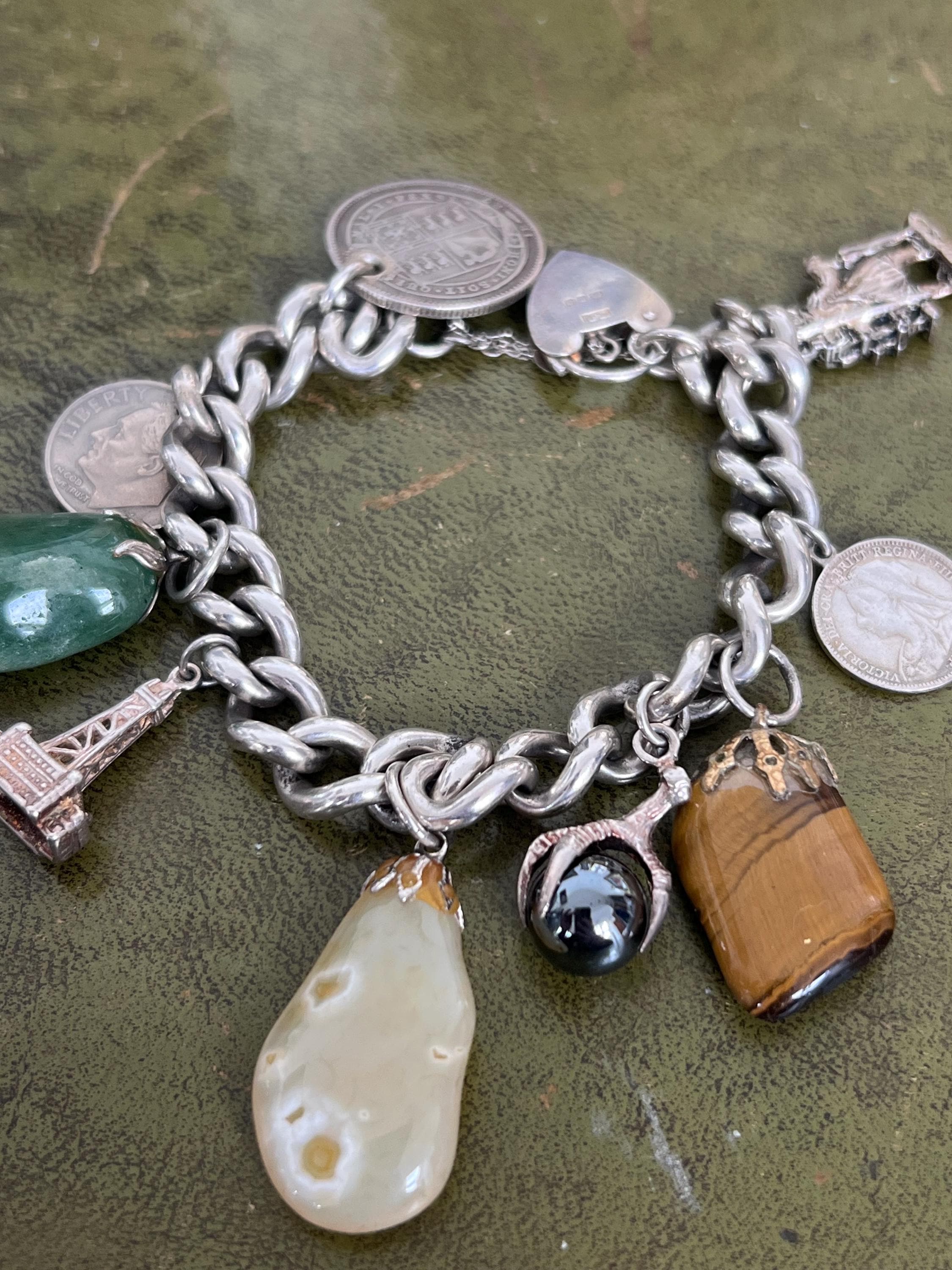 Stunning Victorian Solid Silver Charm Bracelet With Agate and