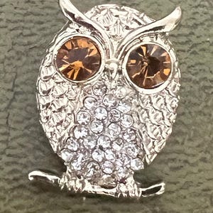 A metal and crystal owl brooch small