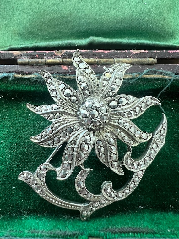 solid silver art deco markesite brooch - image 1