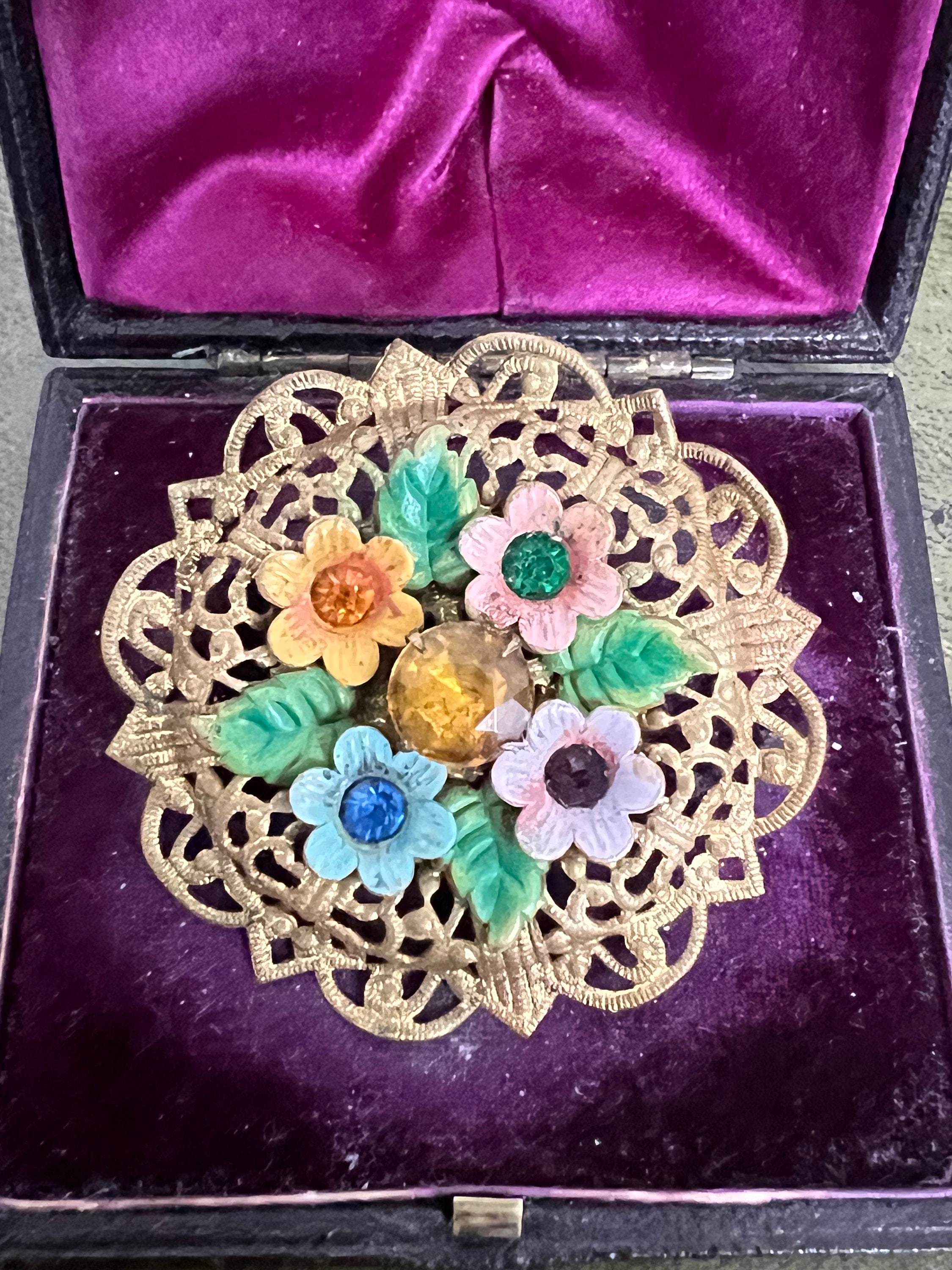 stunning metal and glass Czech brooch