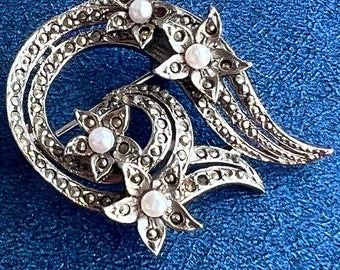 Broche Originale Vintage - 1/2 Perle Et 2 Perles Type Turquoise, Métal Oxydé, Création Unique