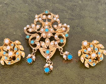 Grosse Broche Ancienne En Argent Massif Et Or Jaune Avec Turquoise Et Marcassites - Occasion