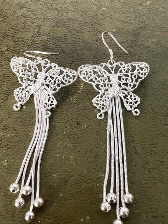 stunning solid silver butterfly drop earrings - image 2